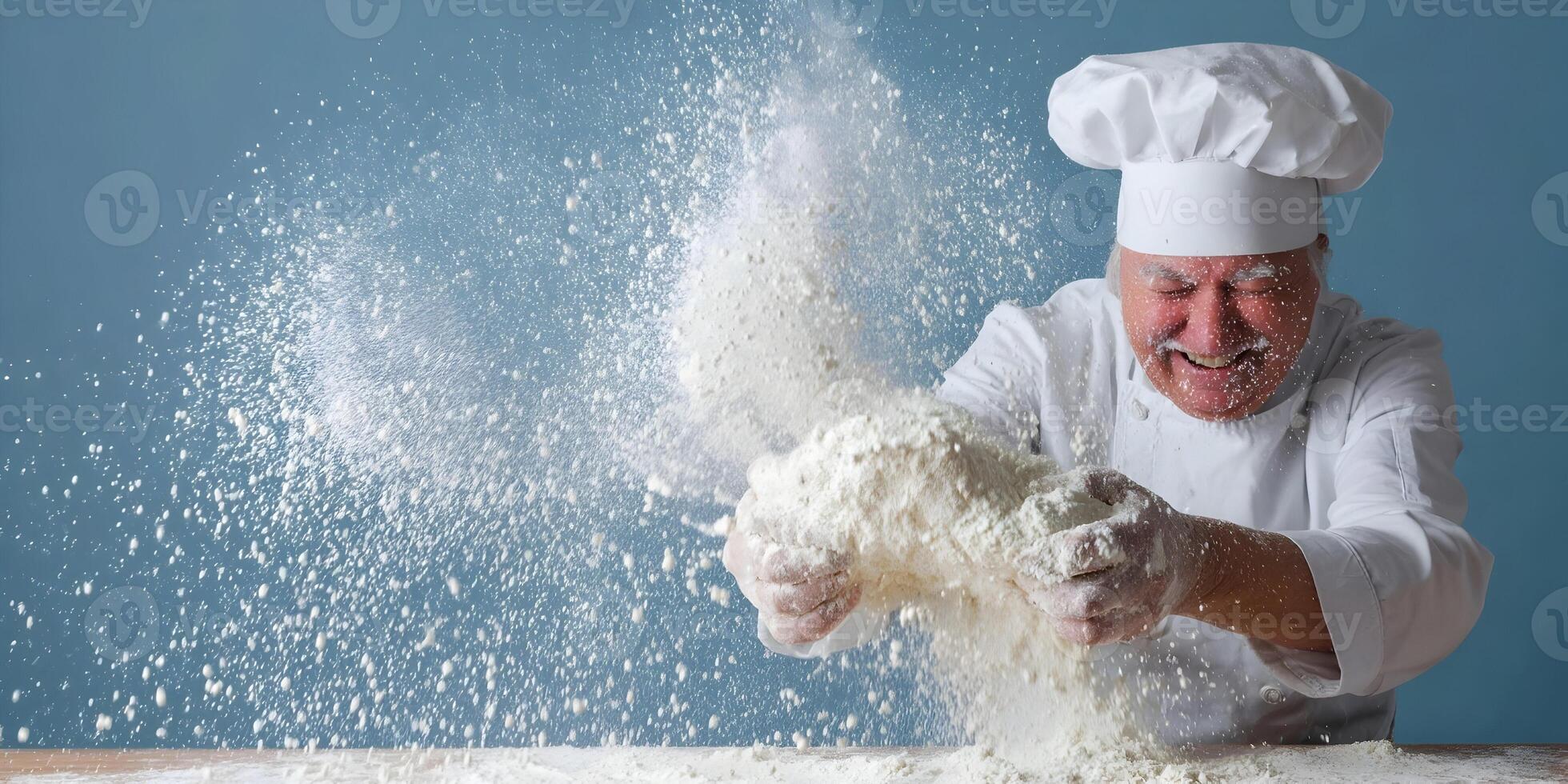 Happy Baker Throwing Flour in the Air Cooking Bread Dough Making photo