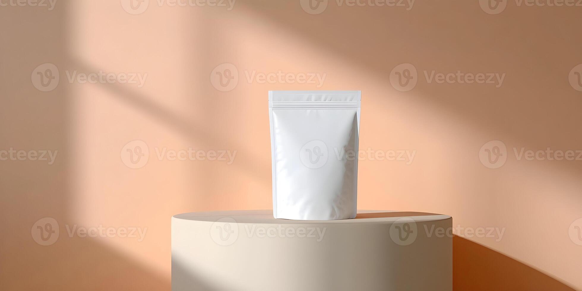 Blank White Stand Up Pouch on Beige Cylinder Minimal Product Packaging Mockup photo