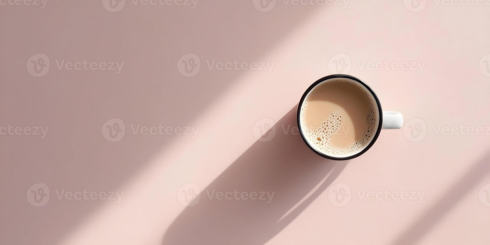 Top View Latte Coffee Cup Pink Background Sunlight Shadow photo