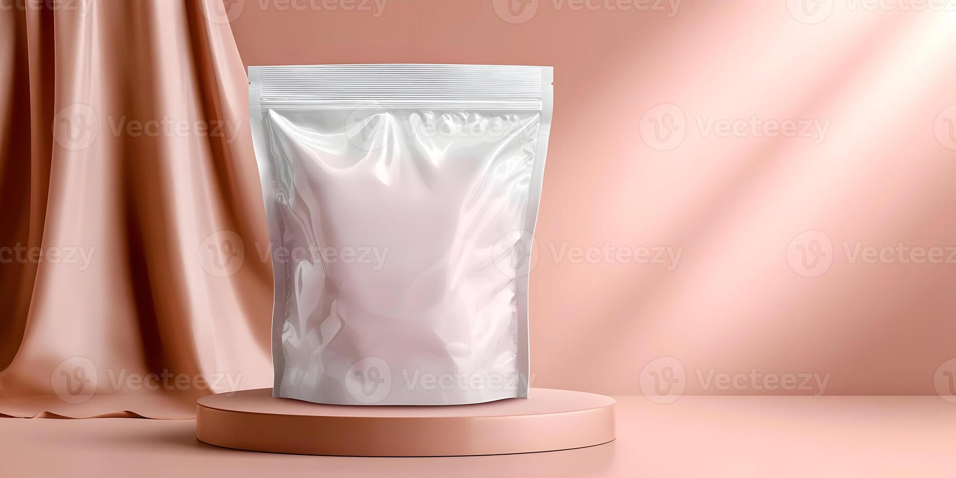 Blank White Stand Up Pouch Packaging Mockup on Pink Background photo