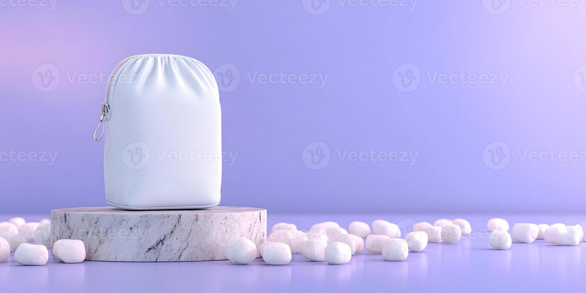 White Zipper Pouch on Marble Pedestal with Marshmallows Purple Background photo