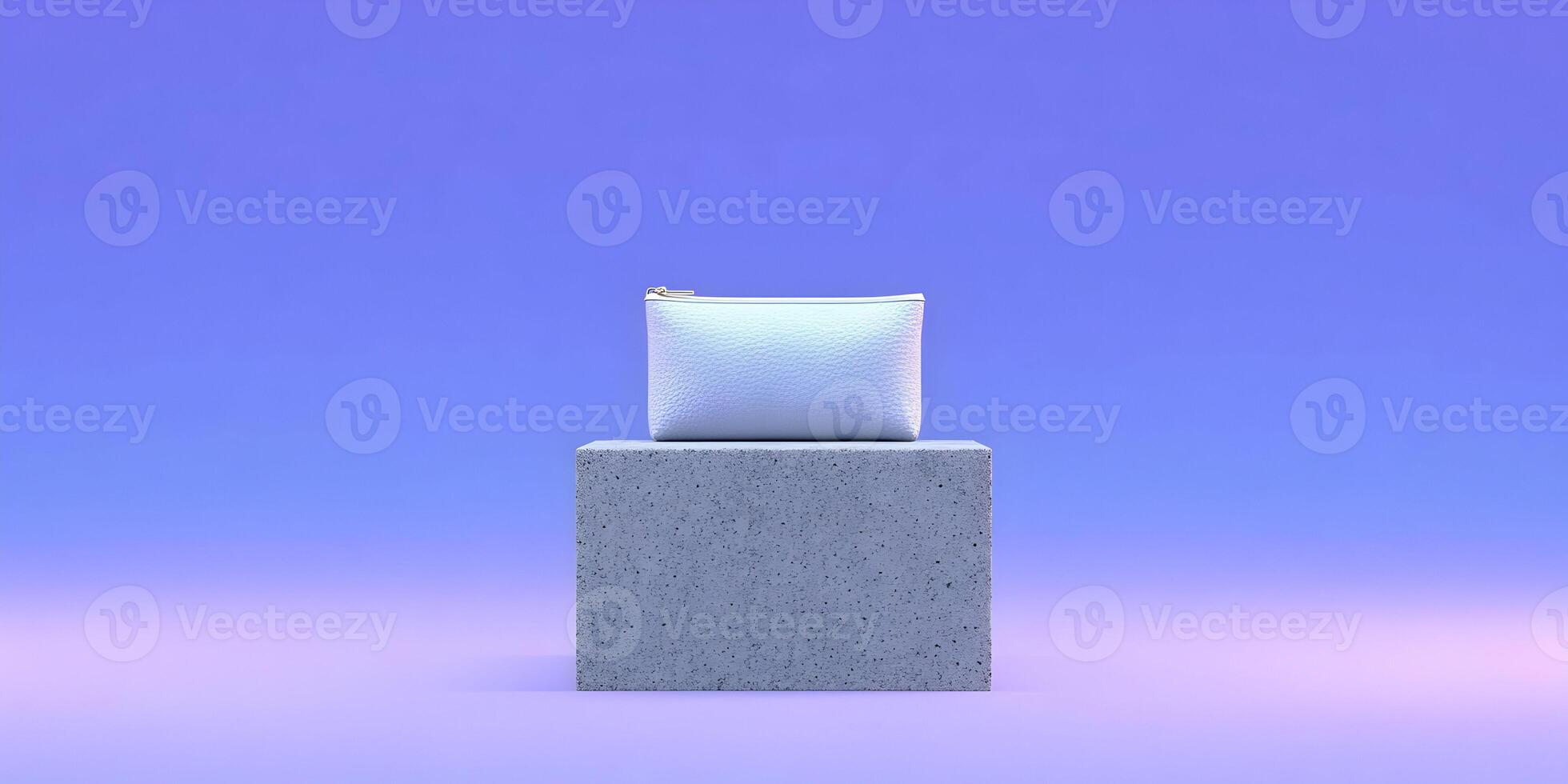 White Leather Zipper Pouch on Gray Cube Minimal Product Display Mockup photo