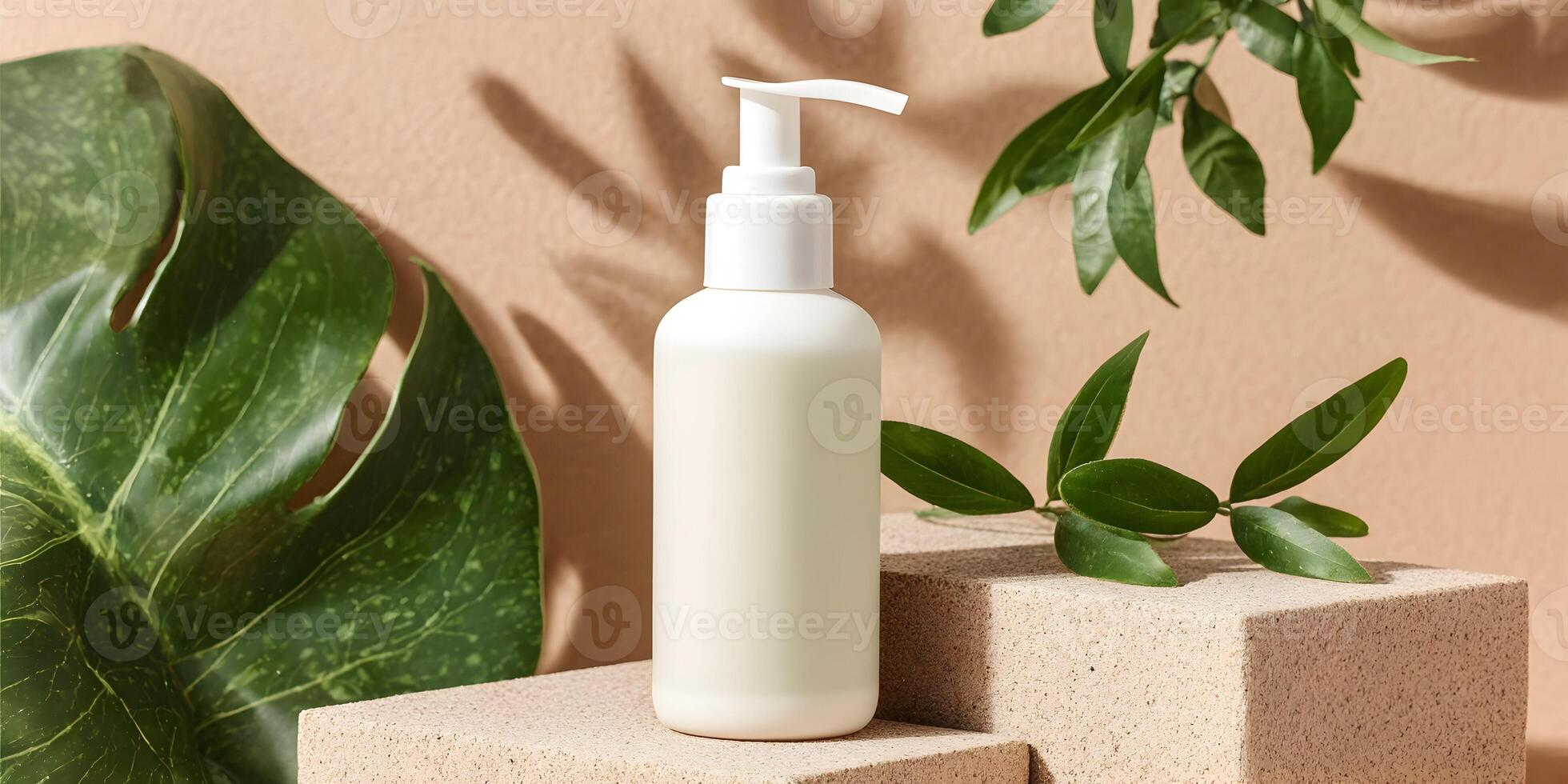 White Pump Bottle Lotion Cosmetic Product Mockup Beige Background Green Leaves photo