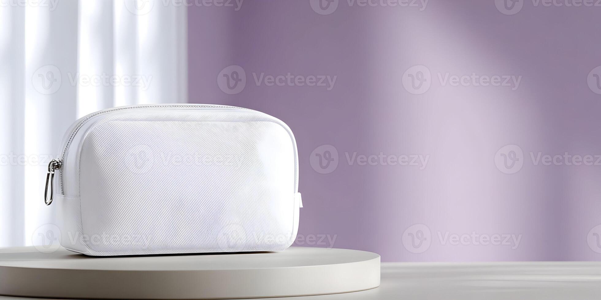 White Canvas Cosmetic Bag on Display Stand Purple Background photo