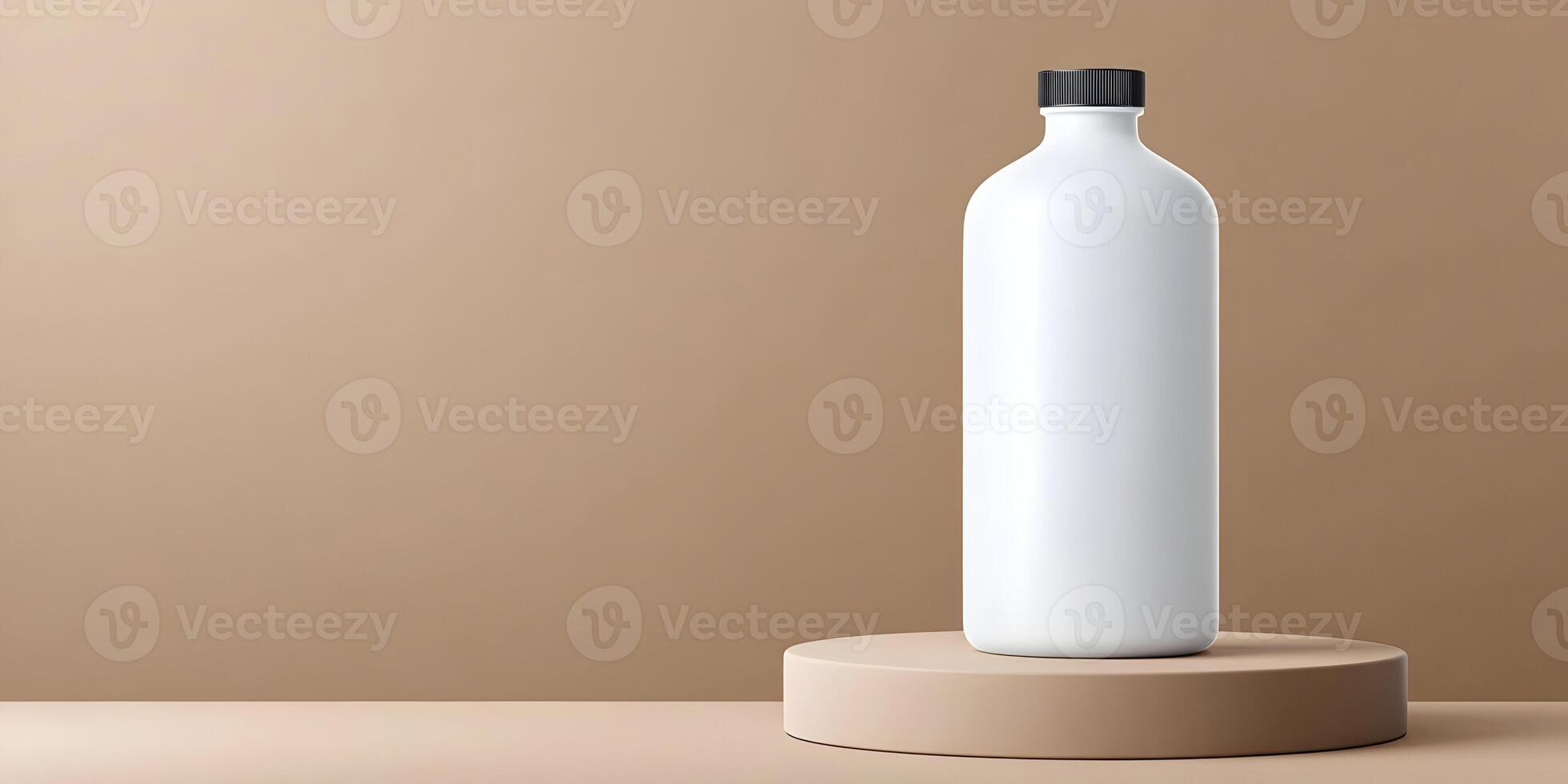 White Bottle Mockup on Beige Platform Minimalist Product Presentation photo