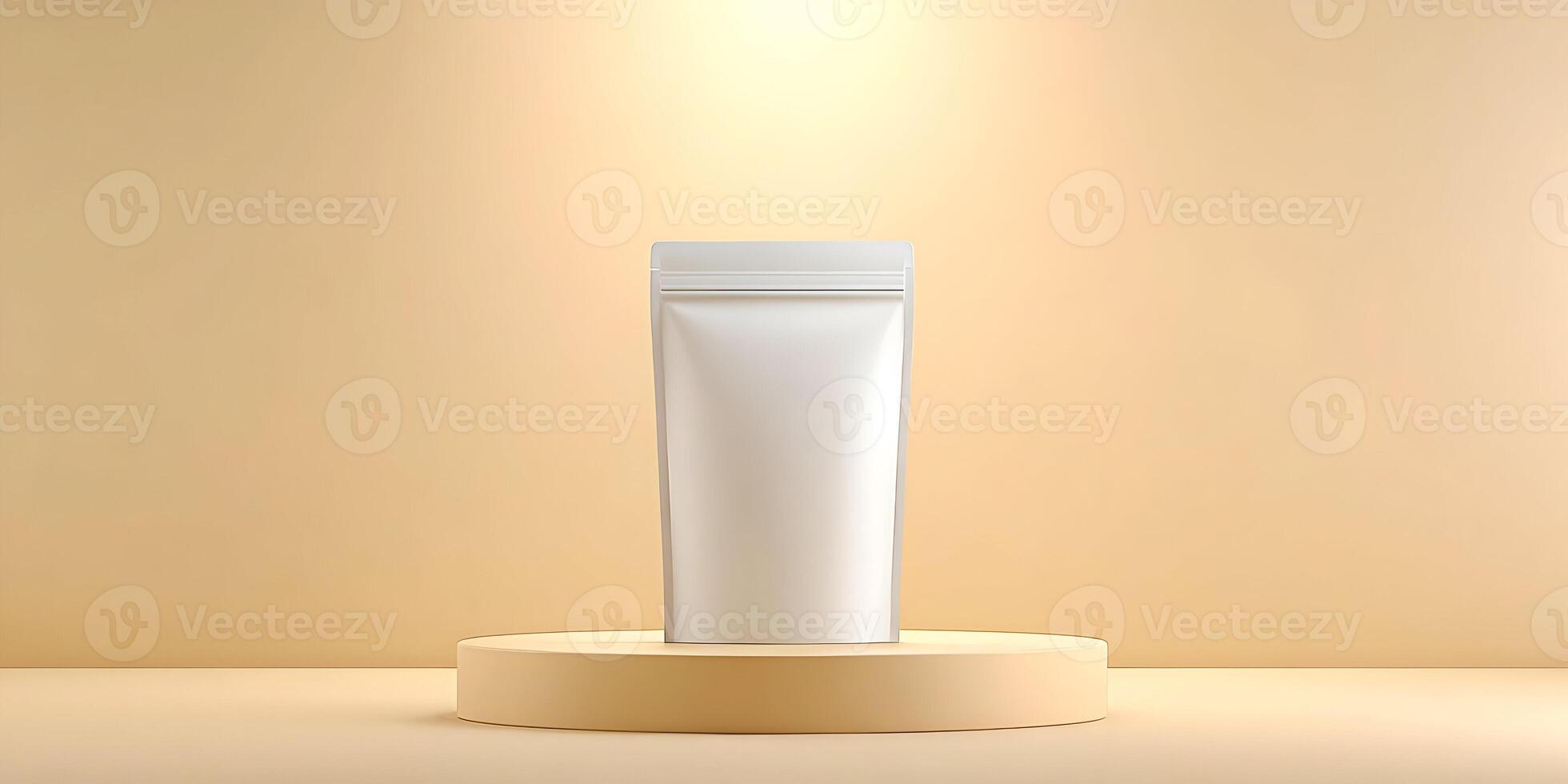 Blank White Stand Up Pouch on Beige Platform Product Packaging Mockup photo