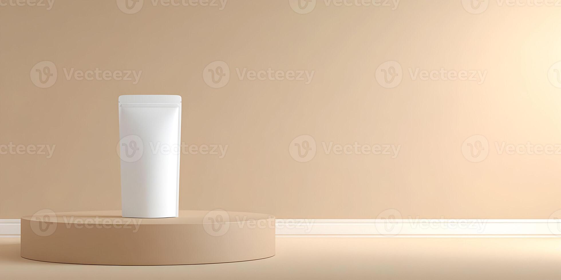 Blank White Stand Up Pouch on Beige Platform Minimalist Product Packaging Mockup photo