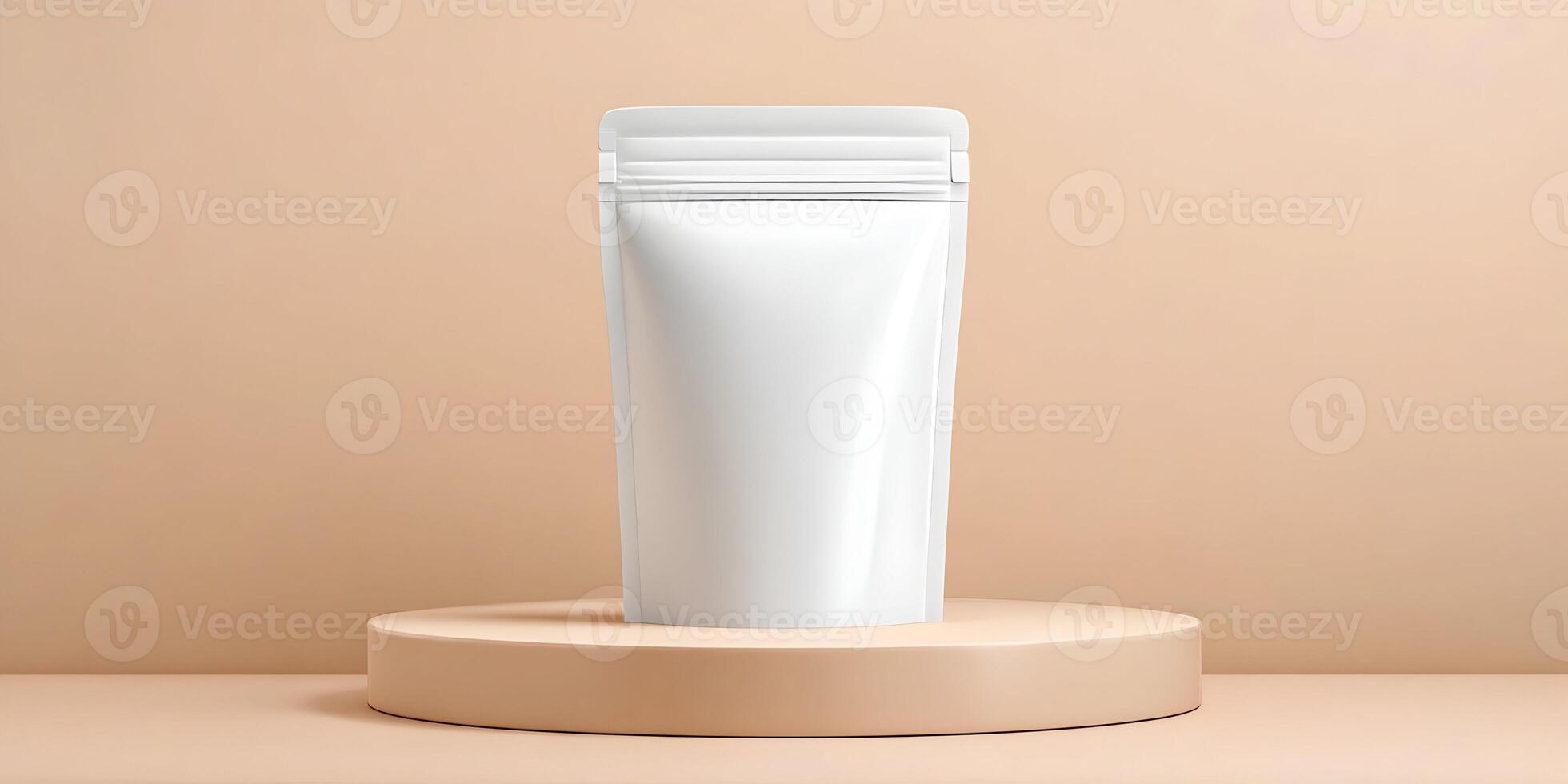 White Stand Up Pouch Packaging Mockup on Beige Background photo
