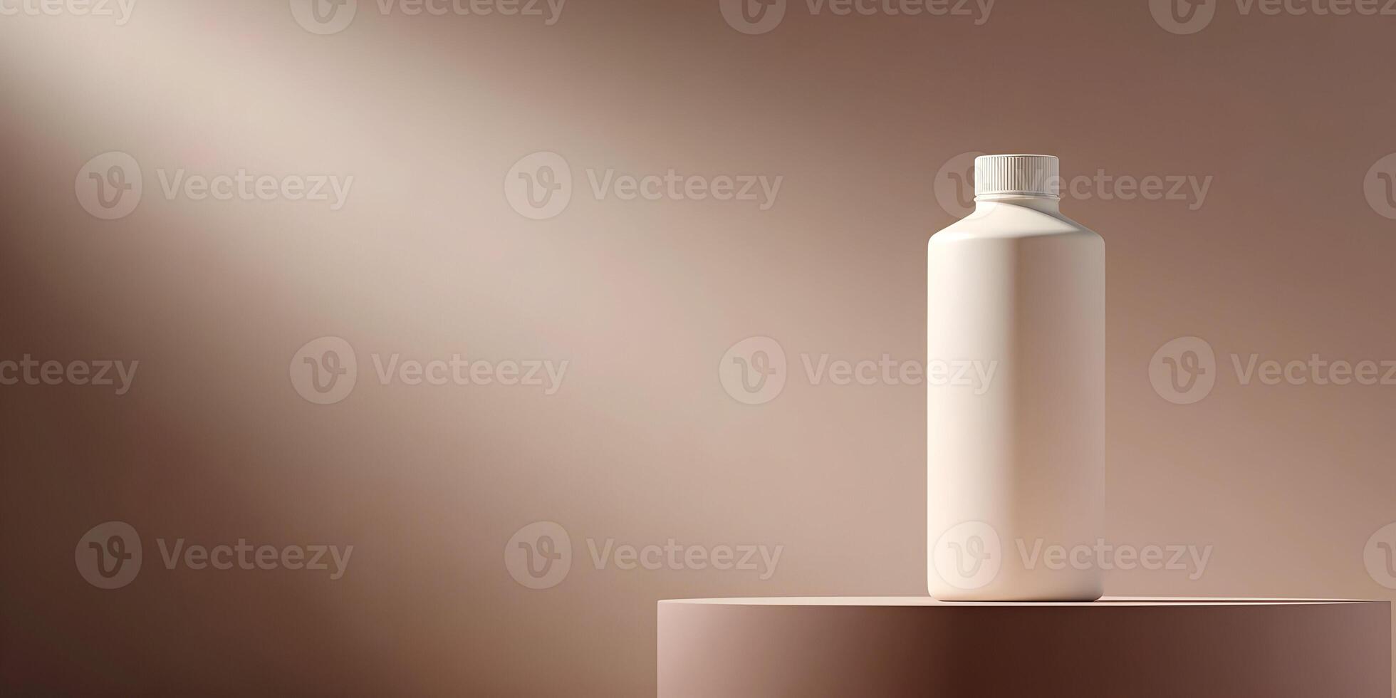 White Plastic Bottle on Brown Cylinder Product Display Minimalist Background photo