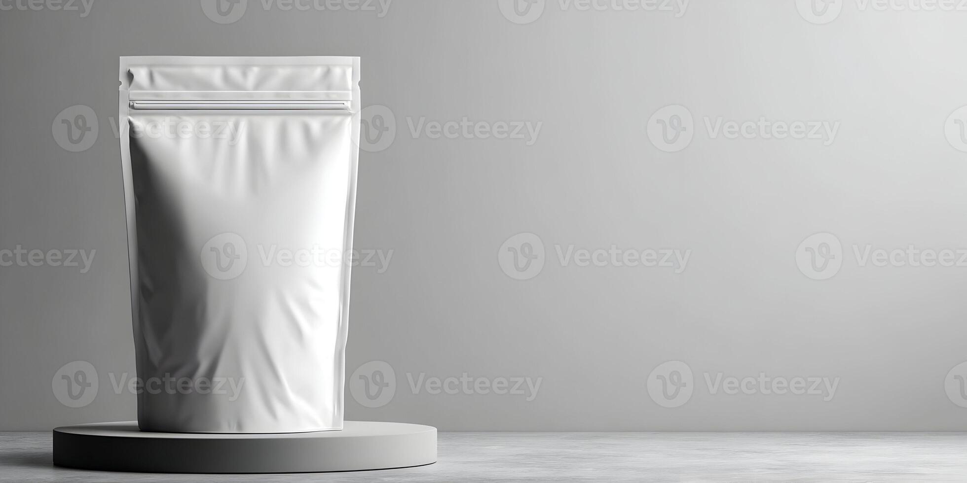 White Stand Up Pouch Packaging Mockup Gray Background photo
