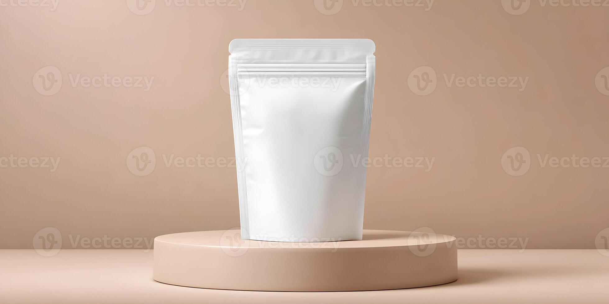 Blank White Stand Up Pouch Packaging on Beige Background Mockup photo