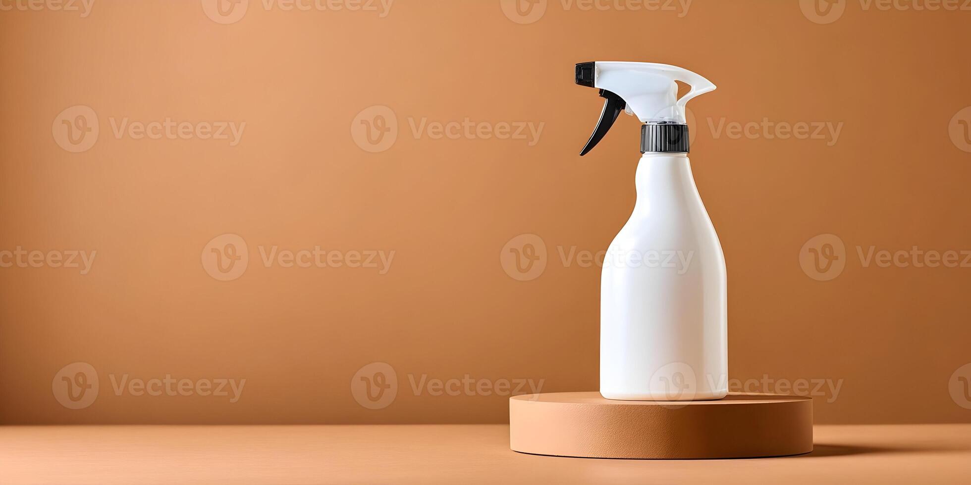 White Spray Bottle on Brown Platform Minimalist Product Photography photo
