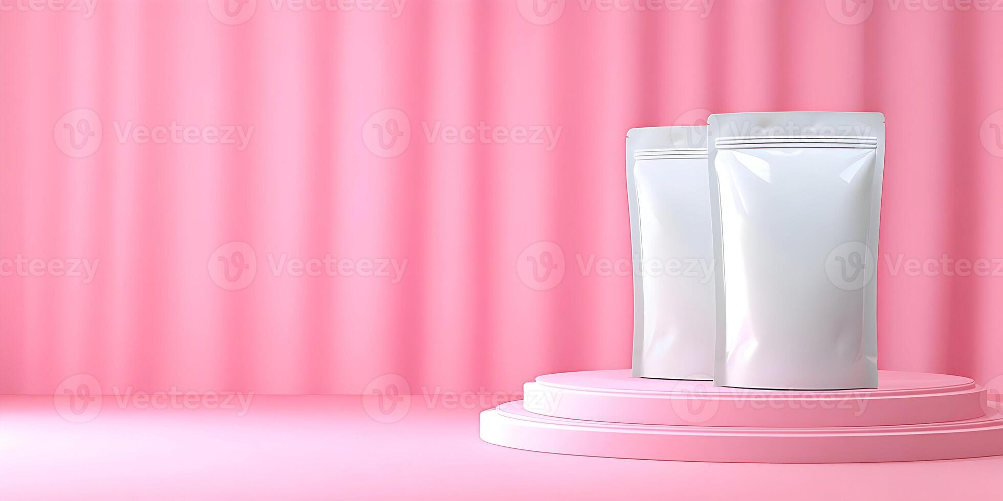Two Blank White Stand Up Pouches on Pink Pedestal Display Mockup photo