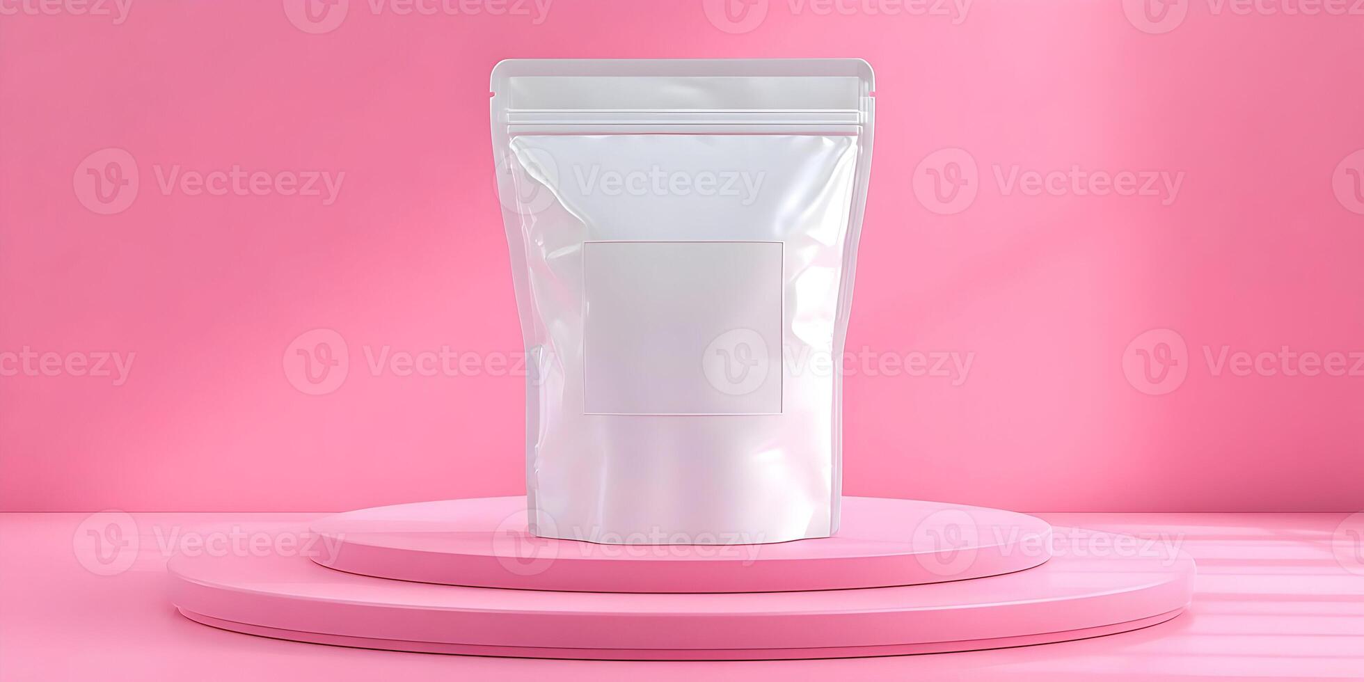 Blank White Stand Up Pouch on Pink Display Stand Product Packaging Mockup photo