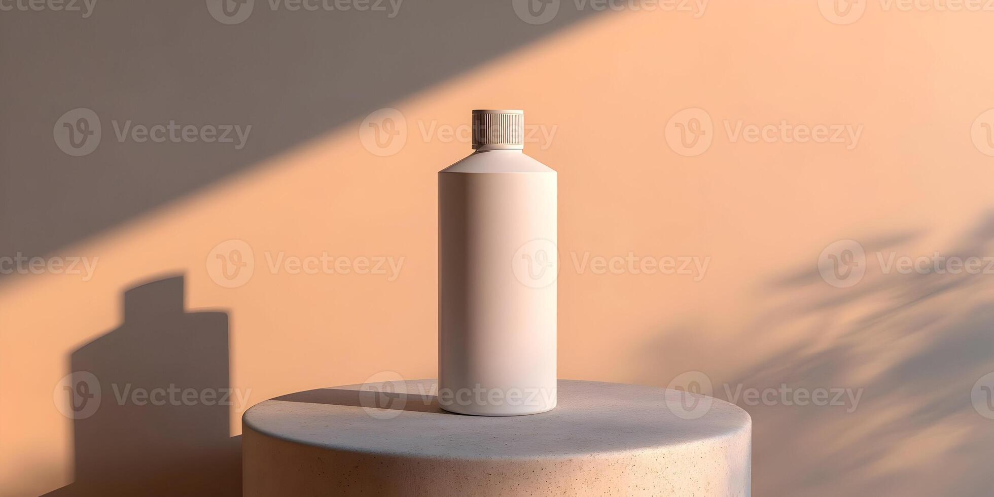 Blank White Bottle Mockup on Beige Round Pedestal Sunlight Shadow photo