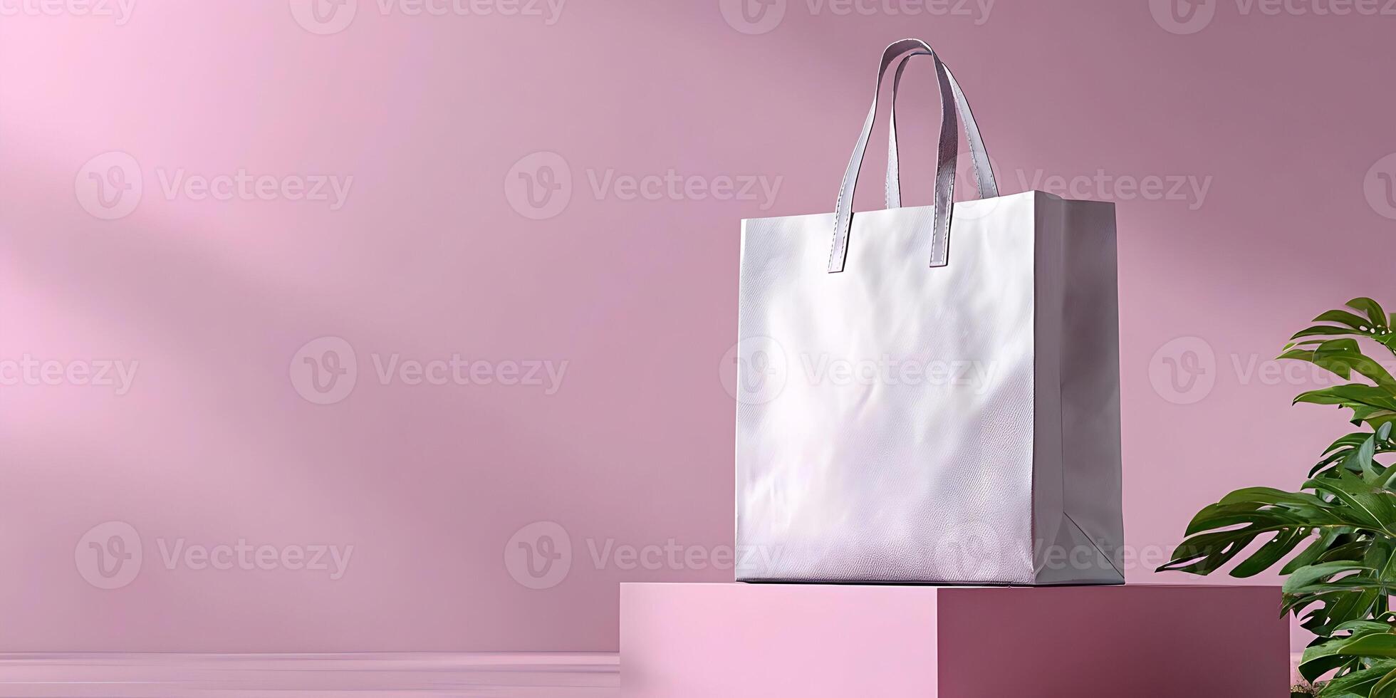 Silver Tote Bag Mockup on Pink Background with Monstera Plant photo