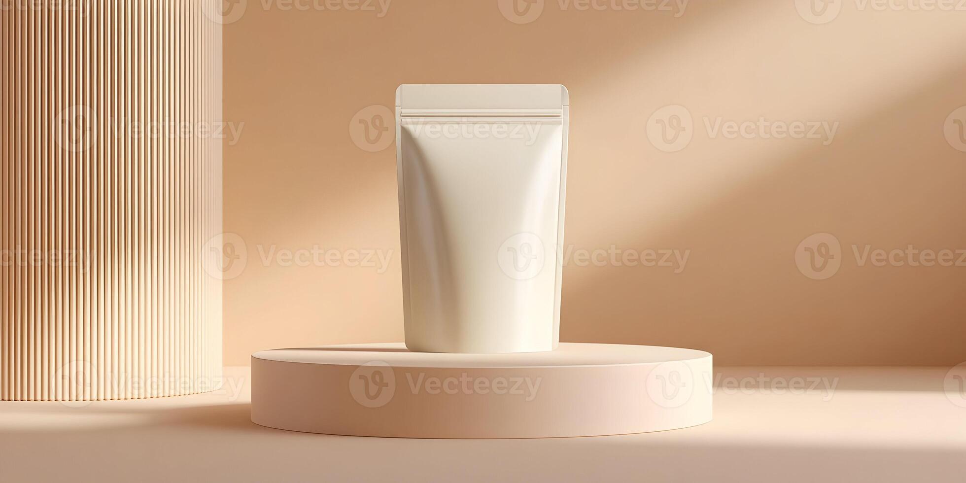 Blank White Stand Up on Beige Platform Product Packaging Mockup photo
