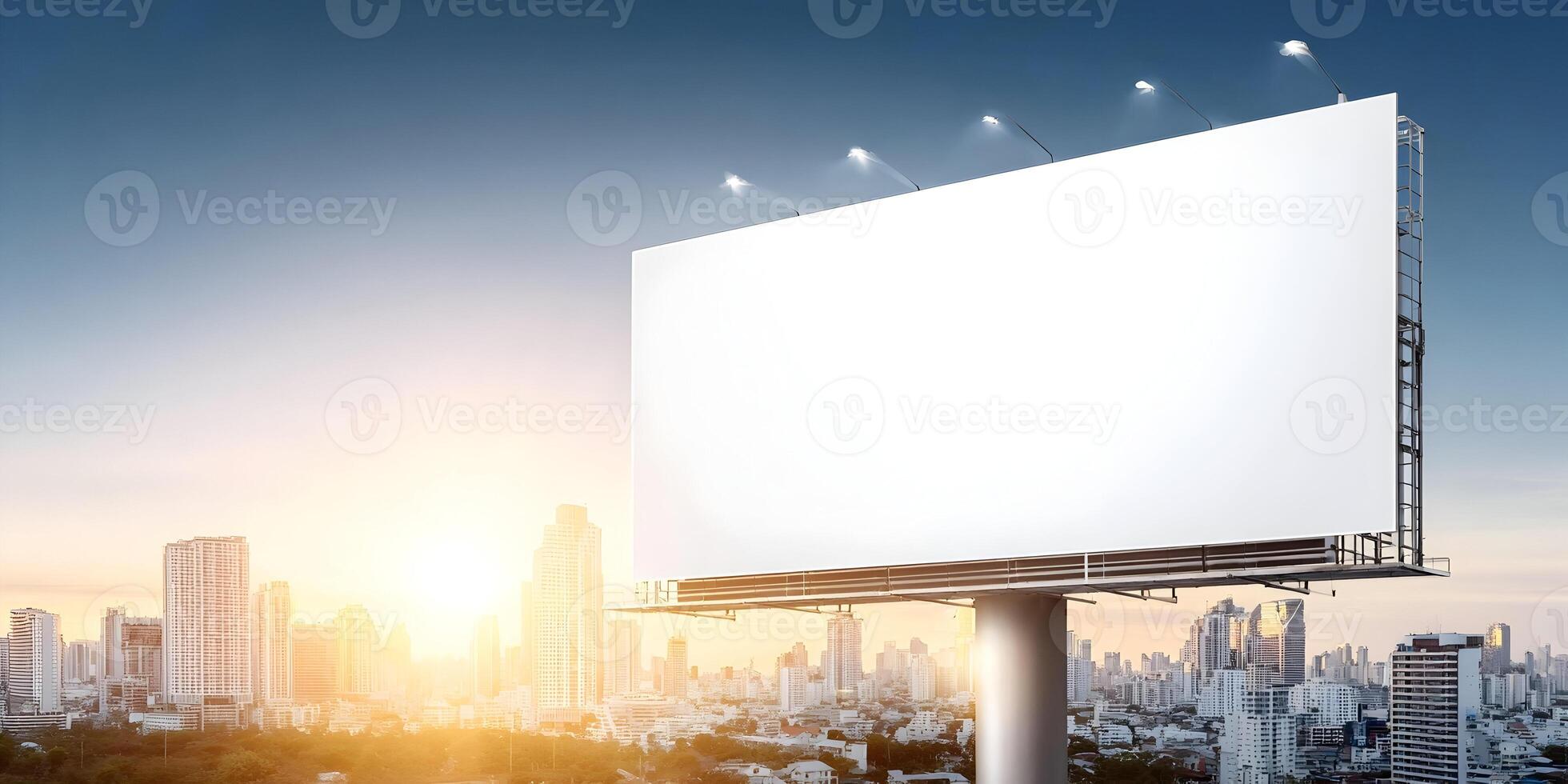 Blank Billboard Mockup Cityscape Sunrise Background photo