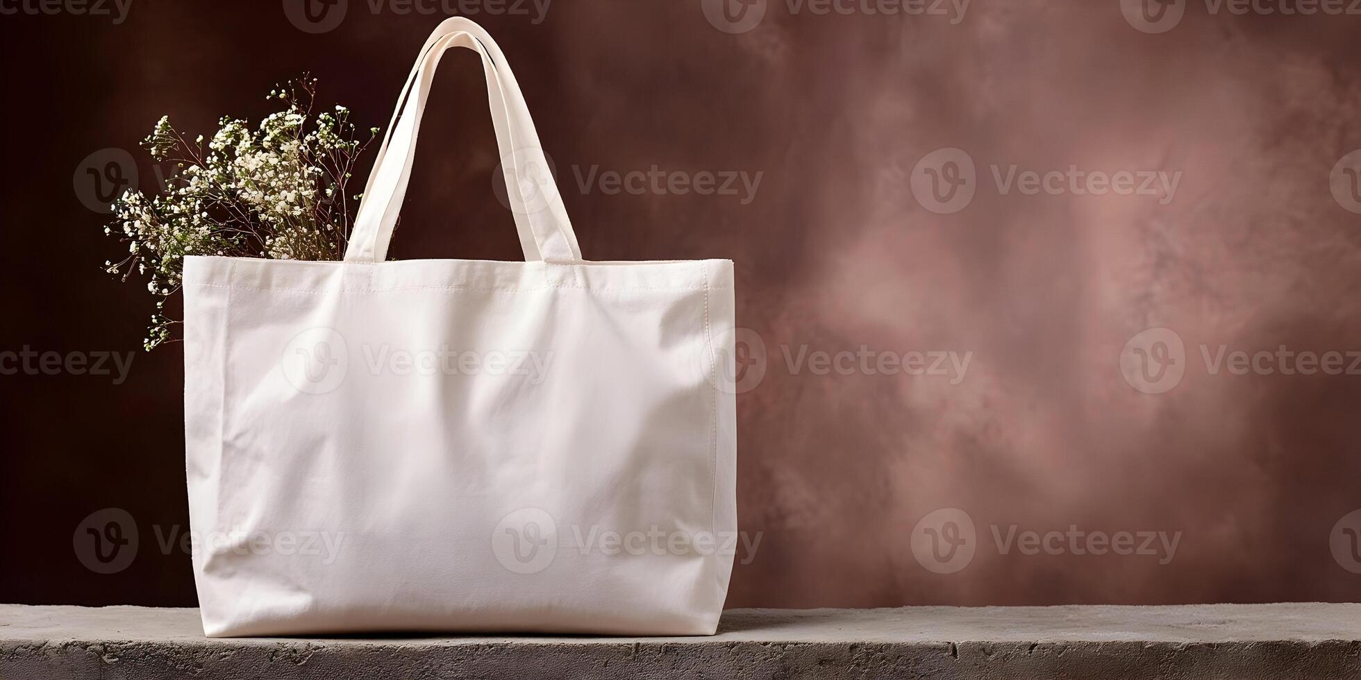 White Cotton Tote Bag Mockup with Flowers on Brown Background photo