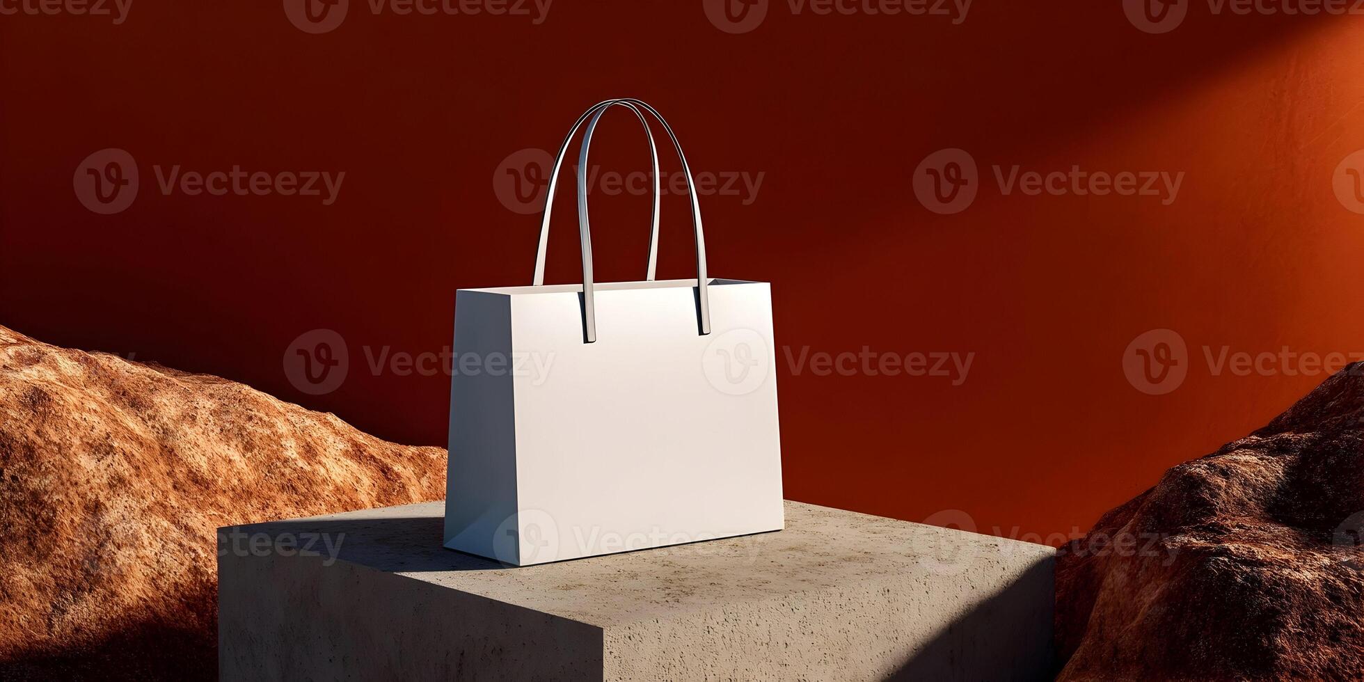 Blank White Shopping Bag Mockup on Stone Platform with Red Background photo