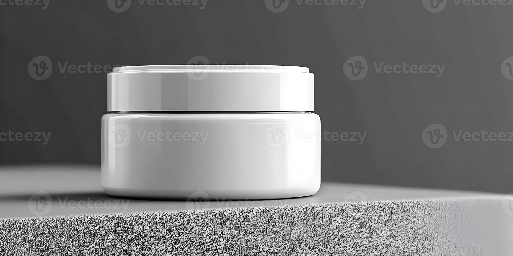White Cosmetic Jar Mockup on Gray Surface Clean Skincare Product Container Design photo