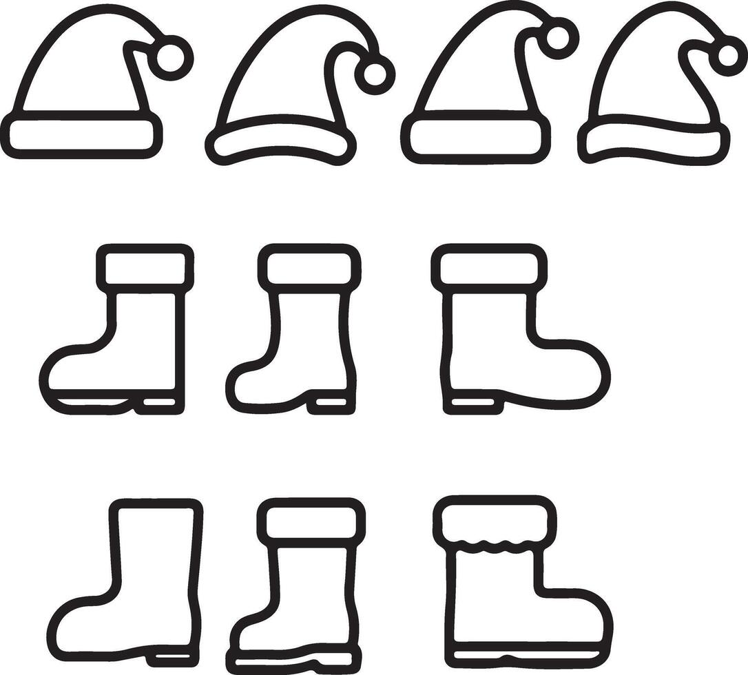 Santa Claus Hats and Winter Boots Line Art Icons Set vector