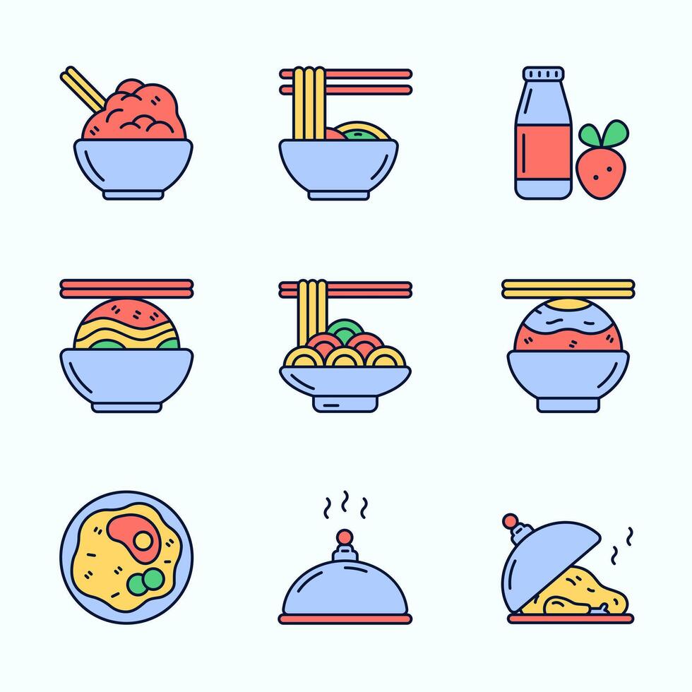 Playful Asian Meals in Flat Icon Style vector