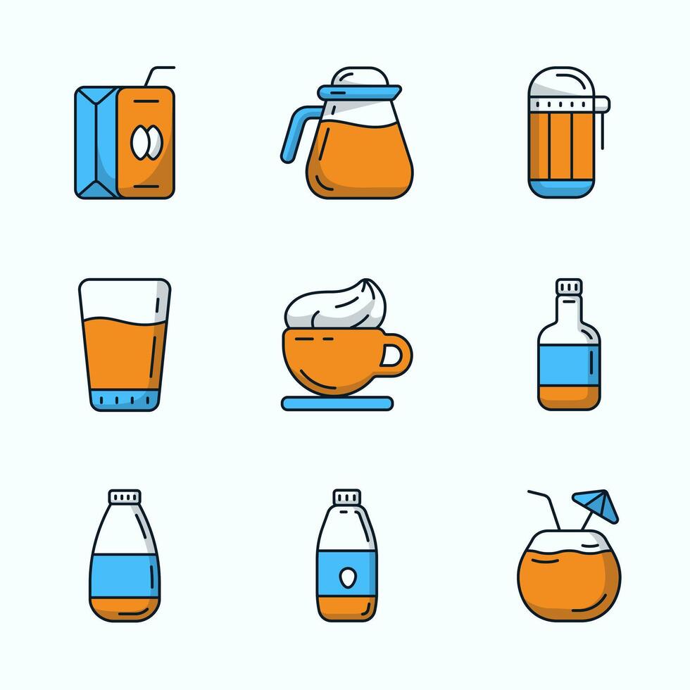 Colorful Minimal Drink Icons Juice, Coffee, Water Bottle, and Tea vector