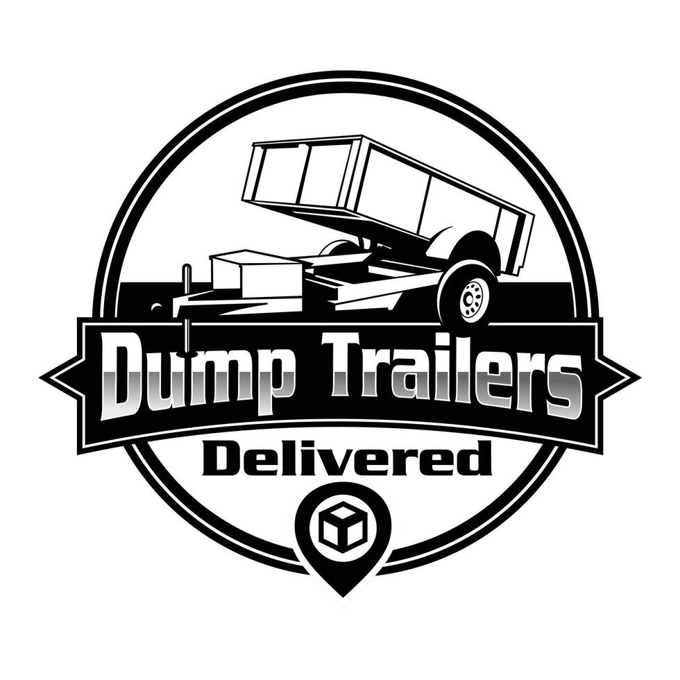 Dump trailer emblem logo design, Semi dump truck emblem logo design, The logo showcases a dump trailer with two or three wheels vector