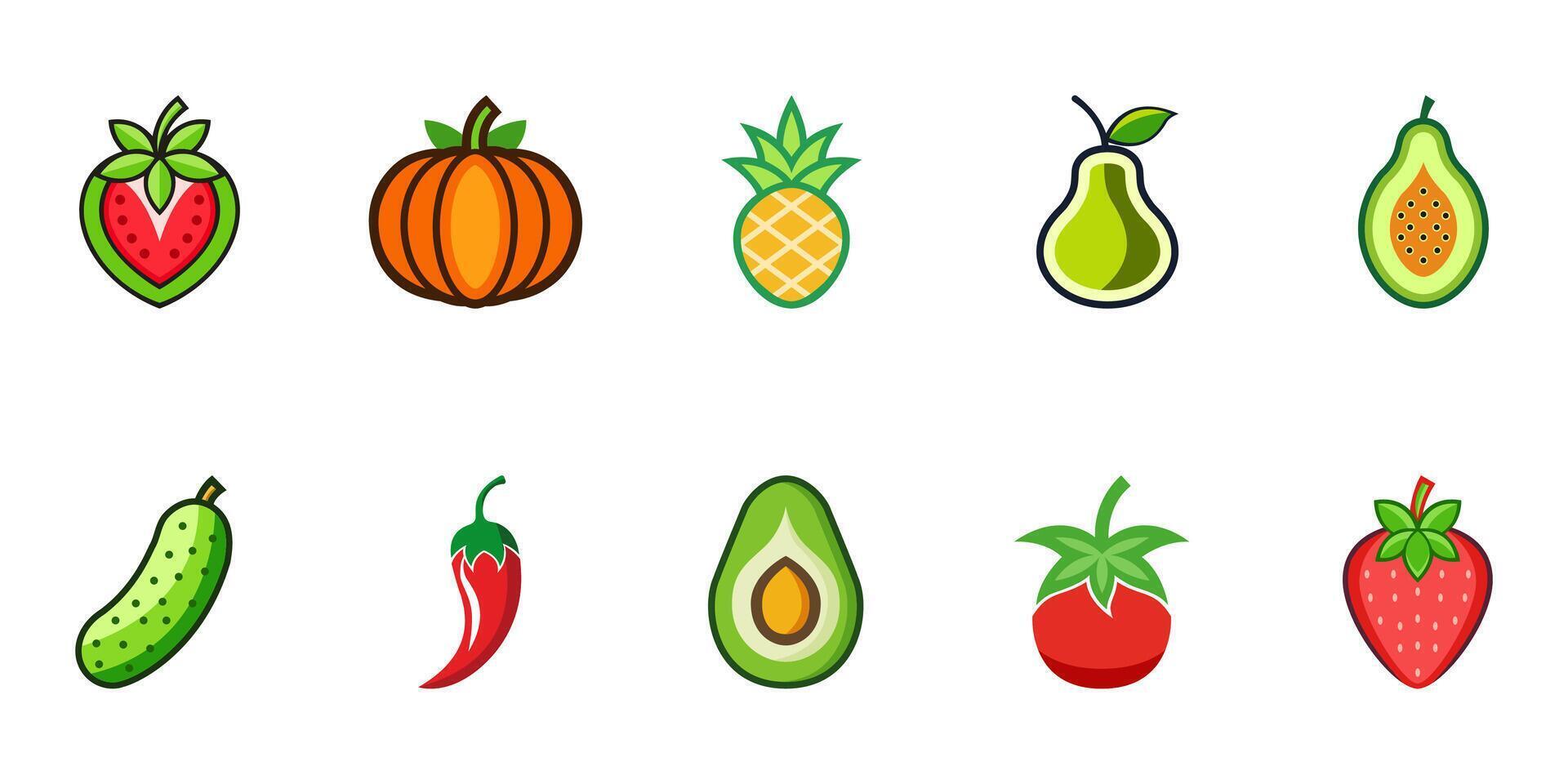 Colorful illustration of fresh fruits and vegetables including strawberry, pumpkin, pineapple, pear, papaya, cucumber, chili pepper, avocado and tomato vector