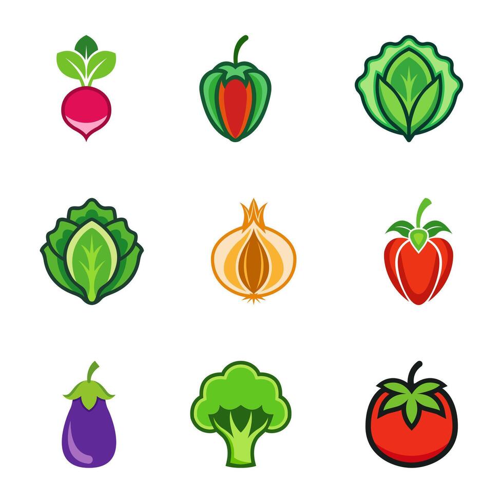 set of fresh vegetables including eggplant, onion, lettuce, broccoli, radish, pepper, and tomato vector
