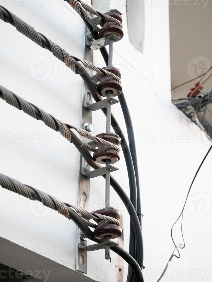Industrial wire connection installation urban area technical photography close-up view engineering concept for safety and design photo