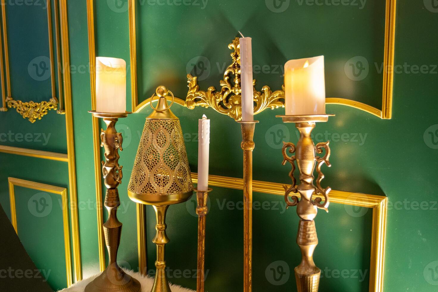 Elegant candle display luxurious room interior decor opulent setting close-up view lighting aesthetic for home ambiance photo