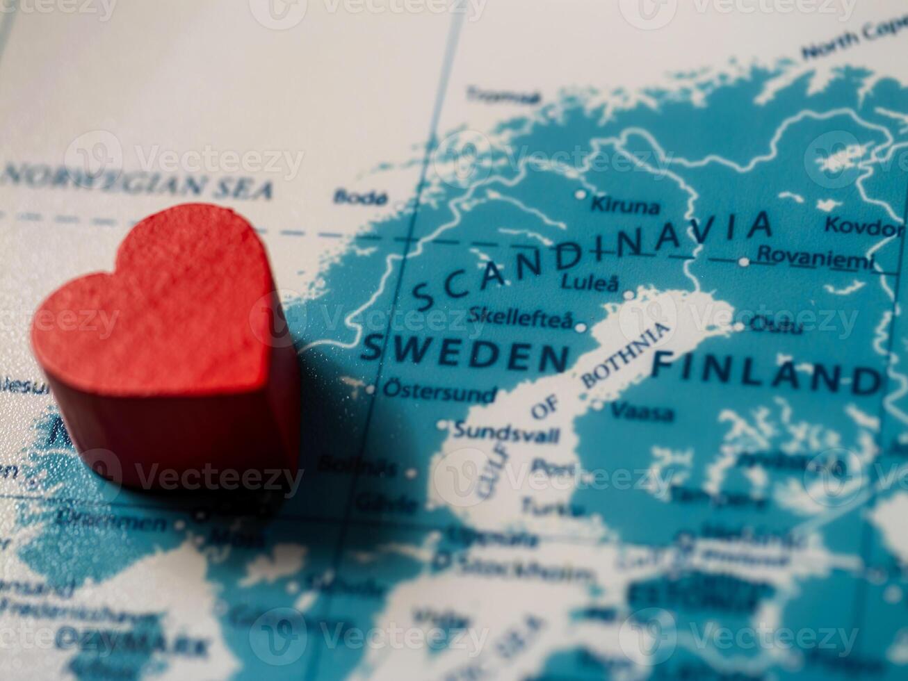 Love for scandinavia heart symbol on map of sweden and finland travel concept close-up photo