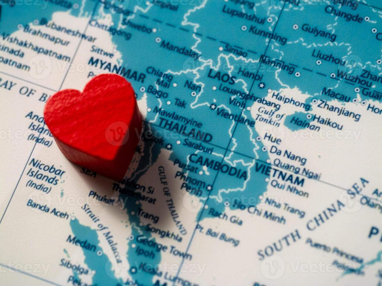 Heart symbolizing love on southeast asia map travel focus vibrant colors close-up view photo