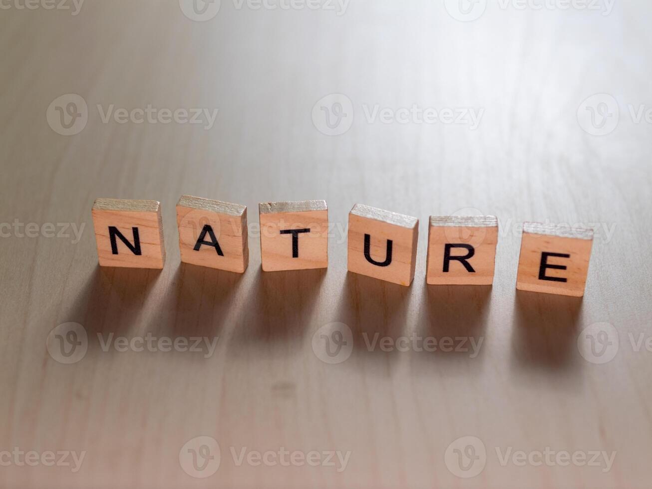 Nature inspired letter blocks table creative art concept indoor setting close-up viewpoint photo