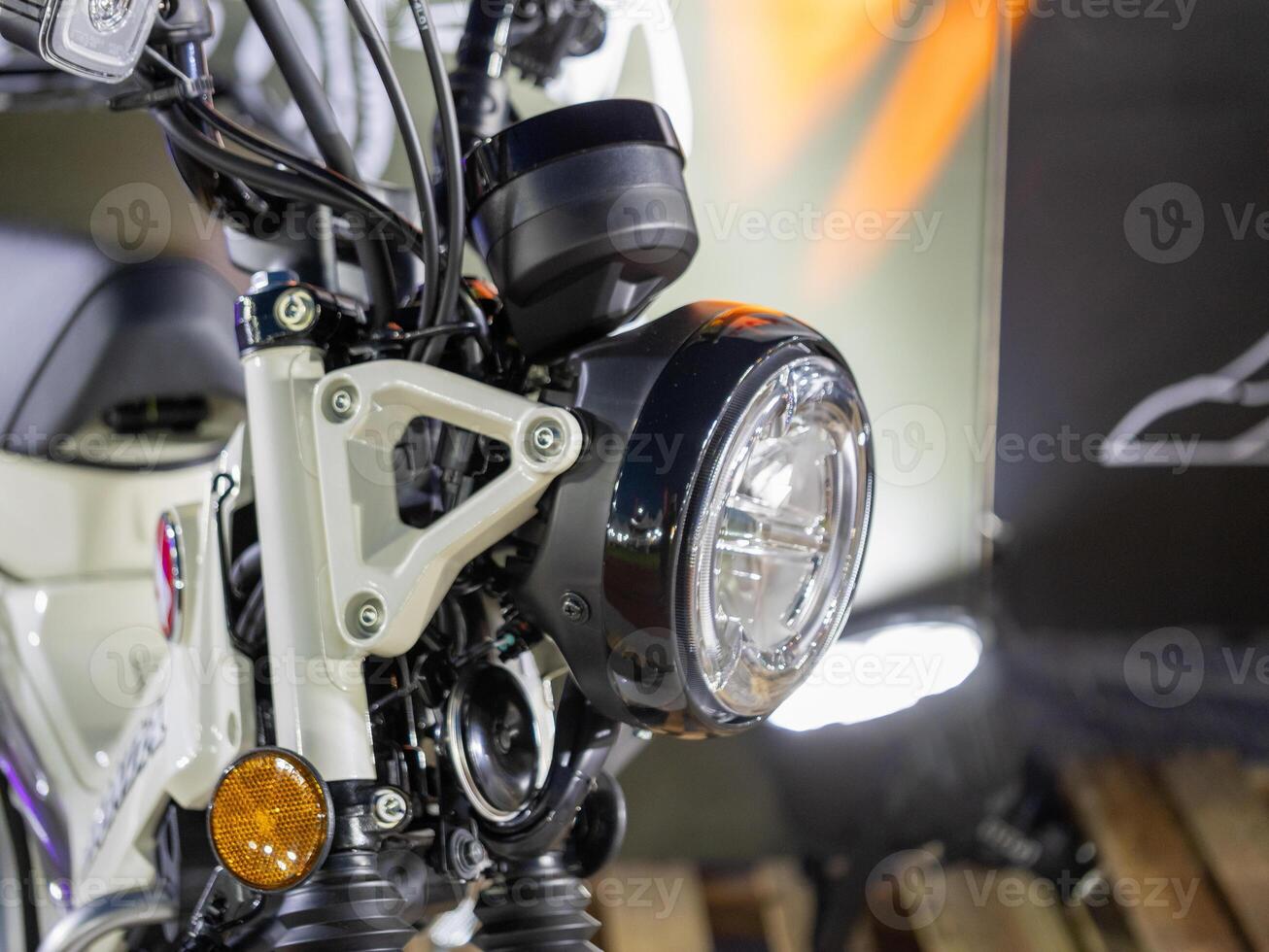 Motorcycle showcase exhibition urban center product display close-up engineering design photo