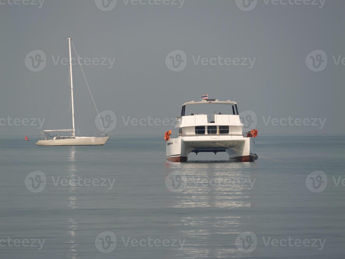 Boat adventure calm waters seaside tranquil wide angle exploration photo