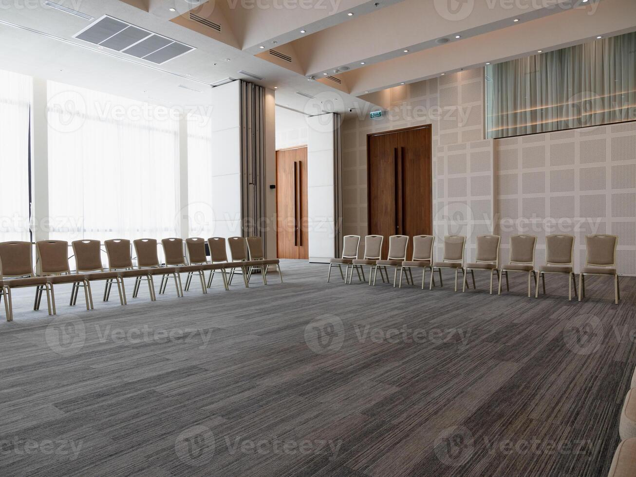 Wide angle view of a bright modern office meeting setup professional design elements photo