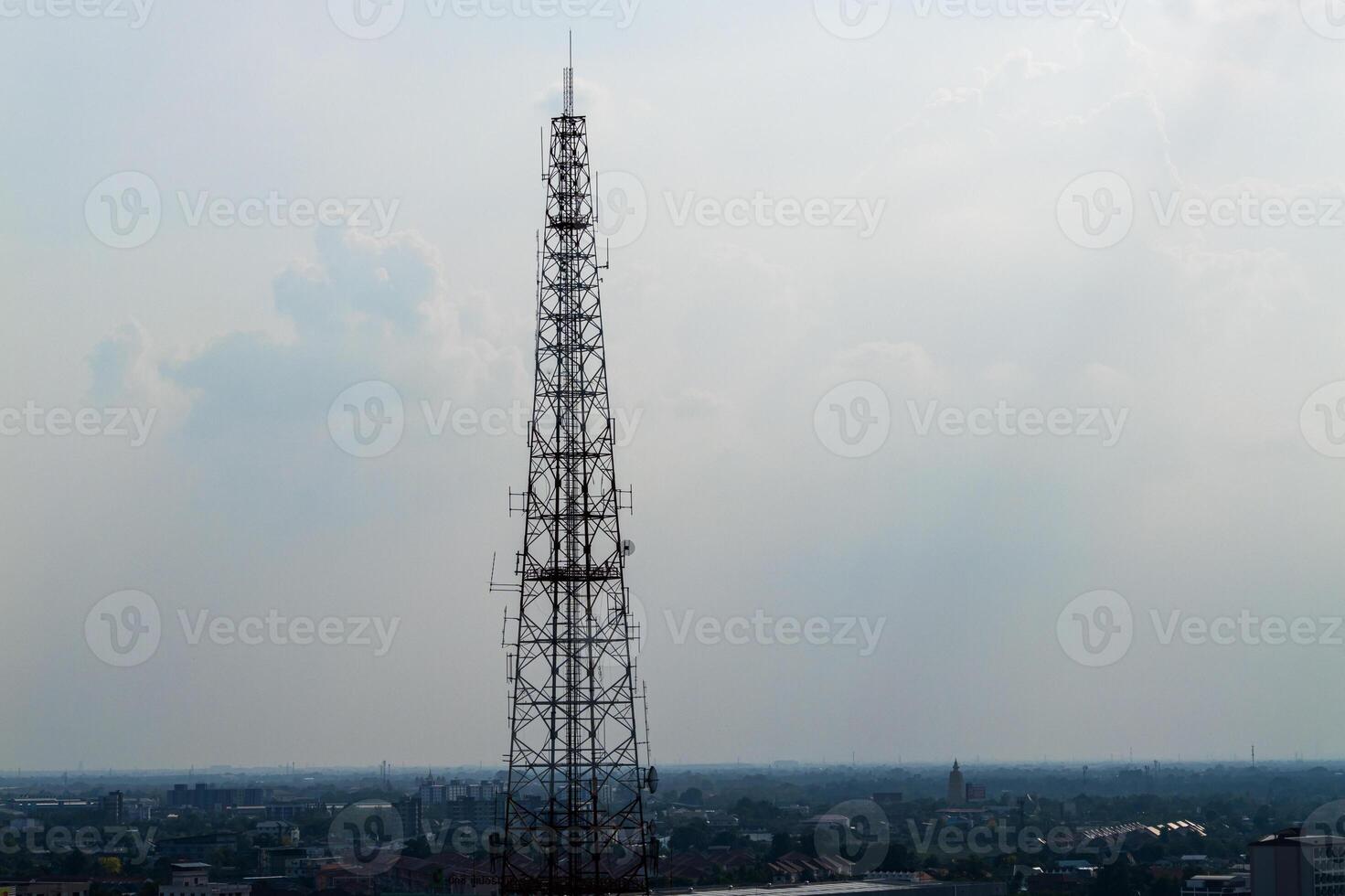 Telecommunication tower insights aerial view over cityscape and urban technology photo