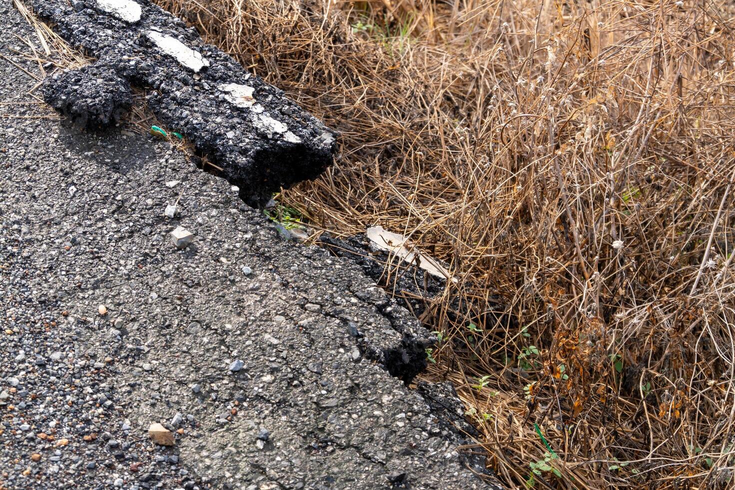 Road damage and erosion impacting infrastructure urban area dry environment ground level urban decay photo