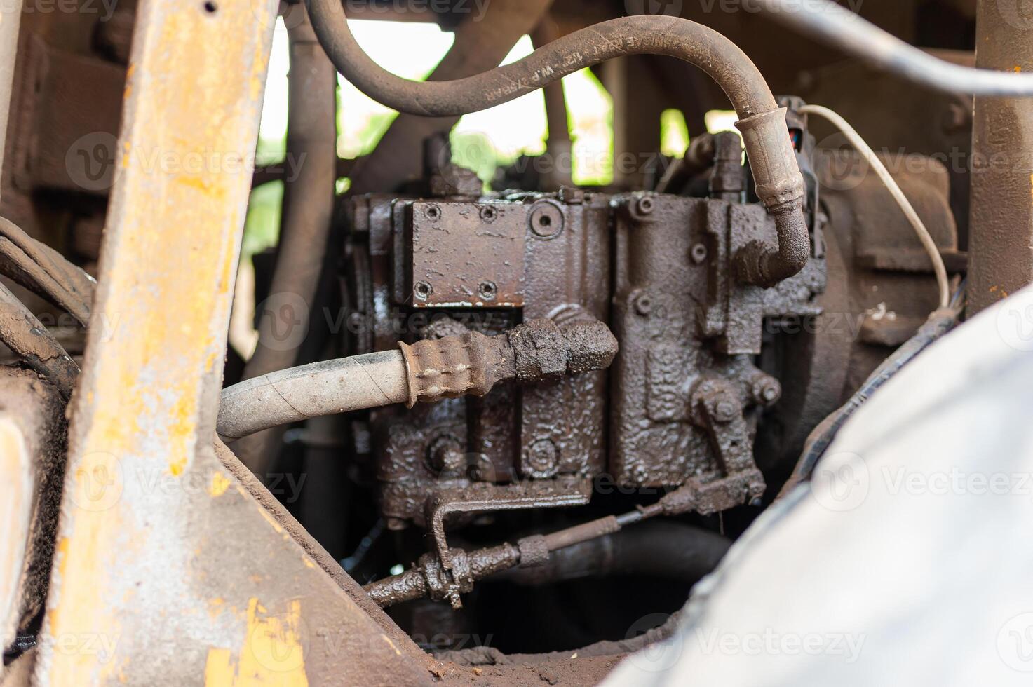 Detailed close-up of mechanical components at heavy machinery industrial site photo