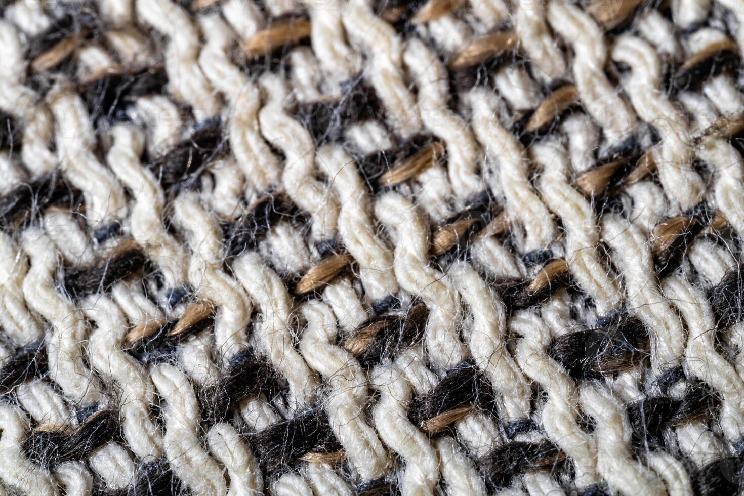 Close-Up of Intricate Black and White Woolen Knit Fabric Texture photo