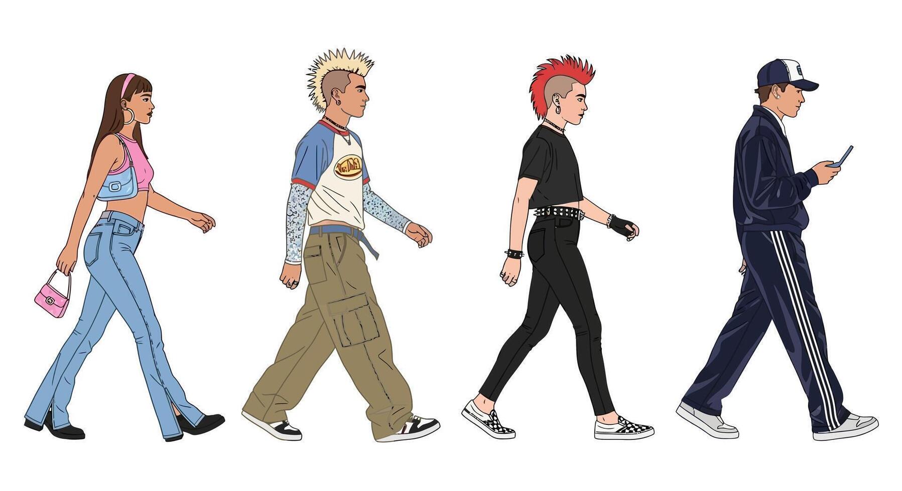 Diverse People Walking with Fashion, and Isolated. vector