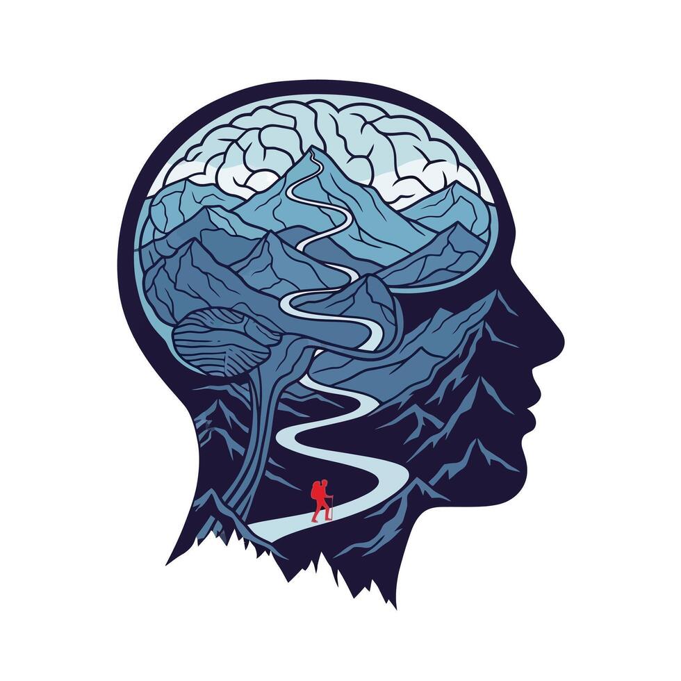 Mindful Hiking Travel with Thoughts, Mountains, and Person. vector