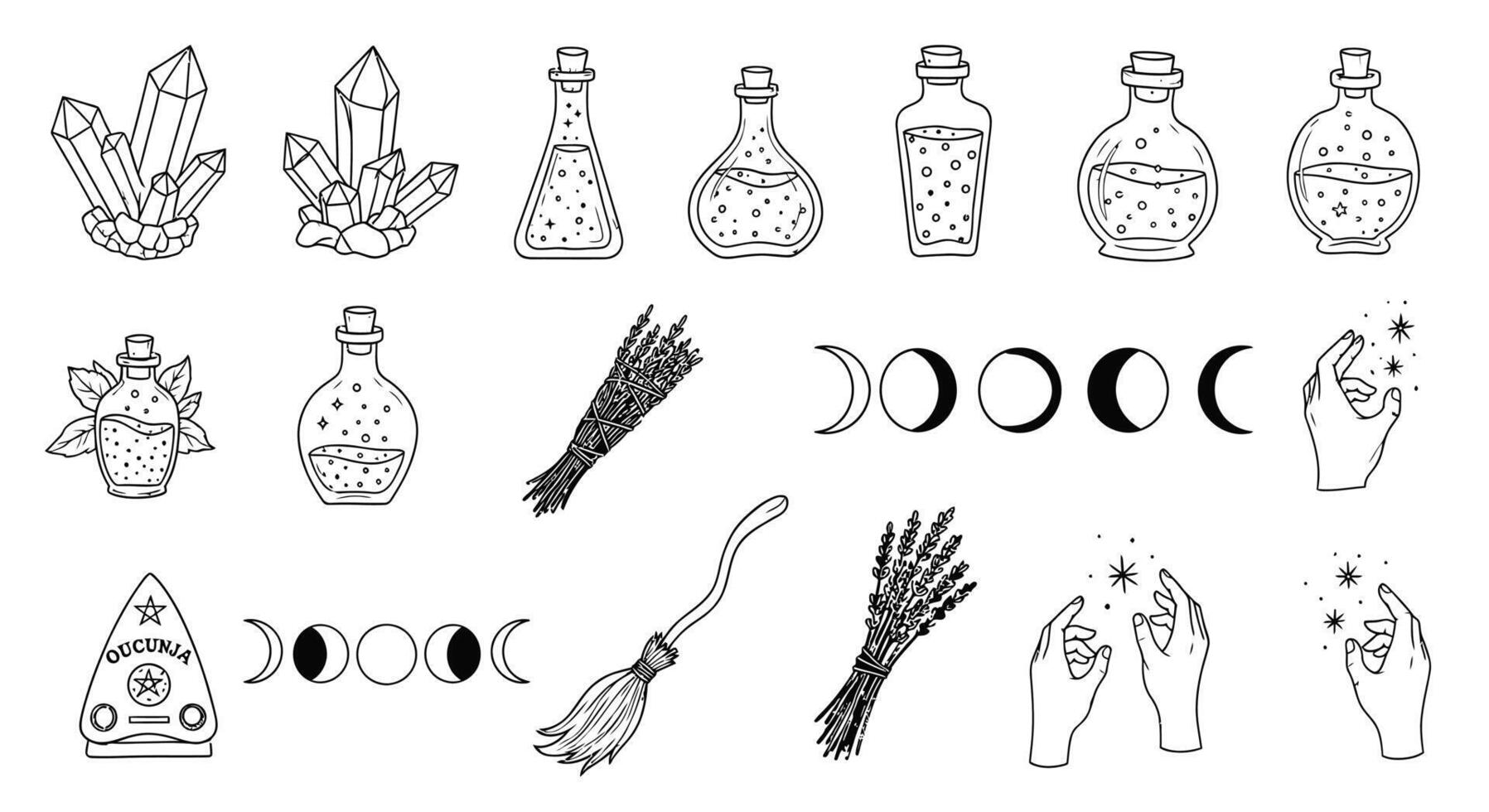 Witchcraft Set Potions with Crystals, Broom, and Moons. vector