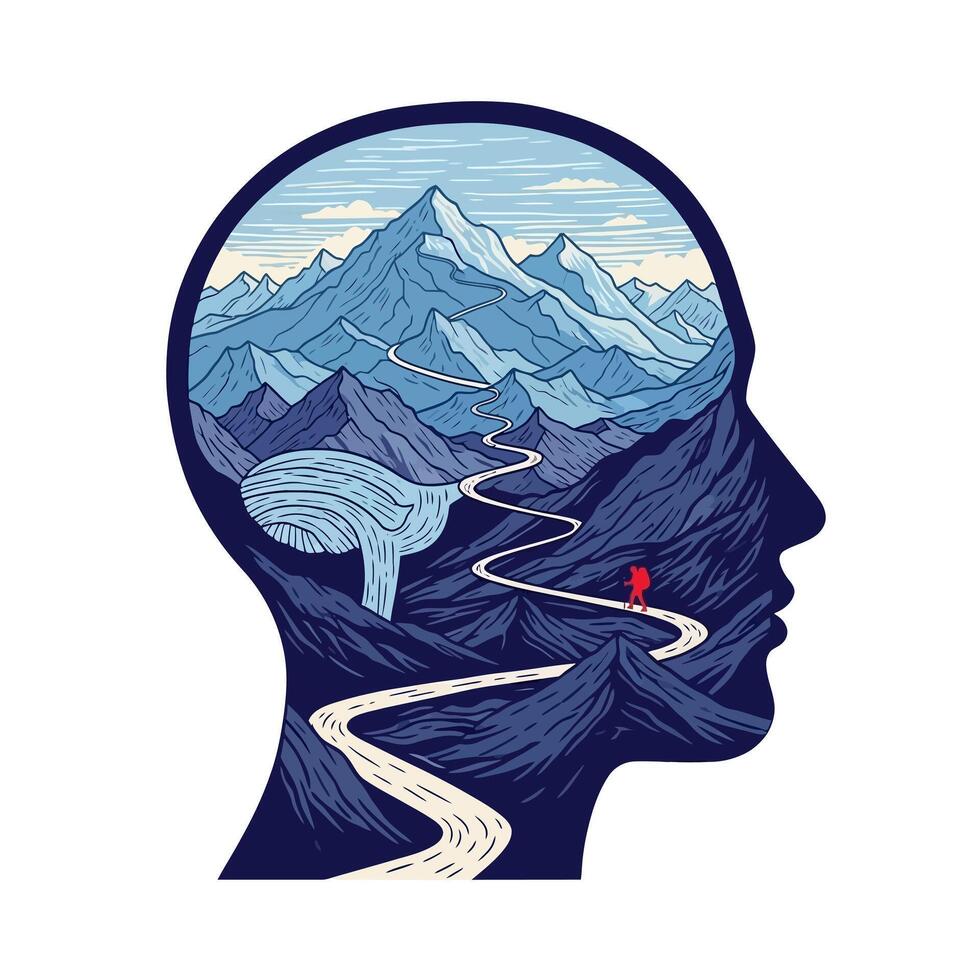 Mental Journey Mountain Landscape in Human Head. vector