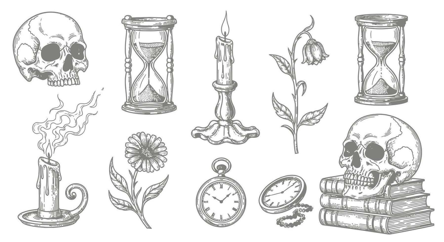 Memento Mori Skull with Hourglass, Candle, and Flowers. vector