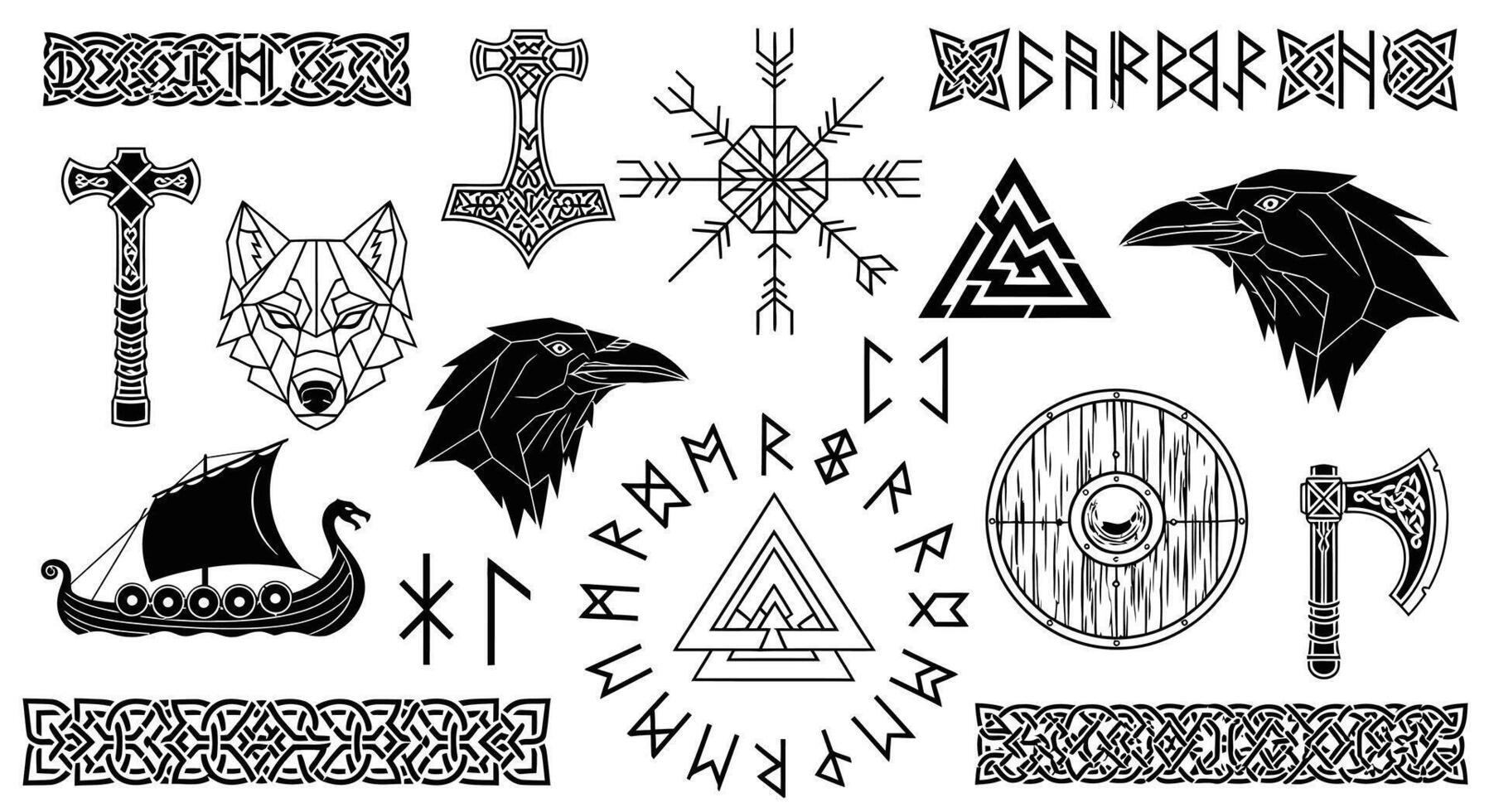 Viking Symbols Set Norse Mythology . vector