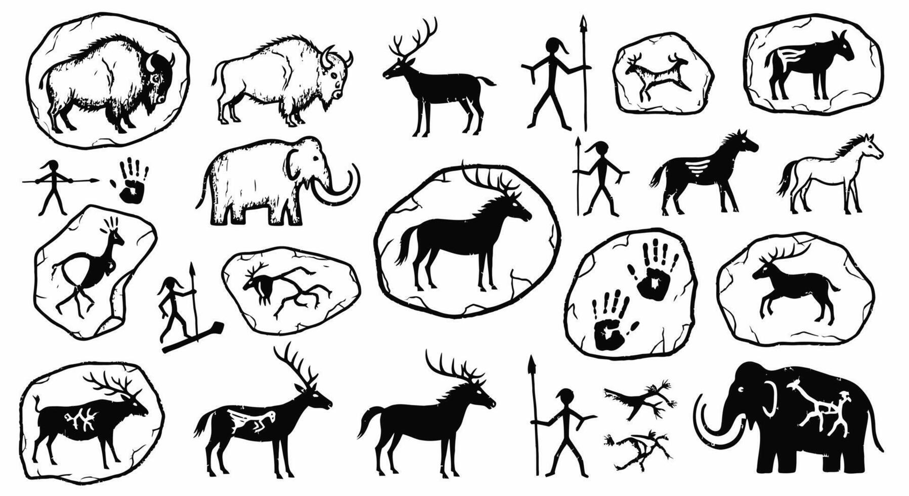 Cave Painting Set Ancient Art Symbols. vector